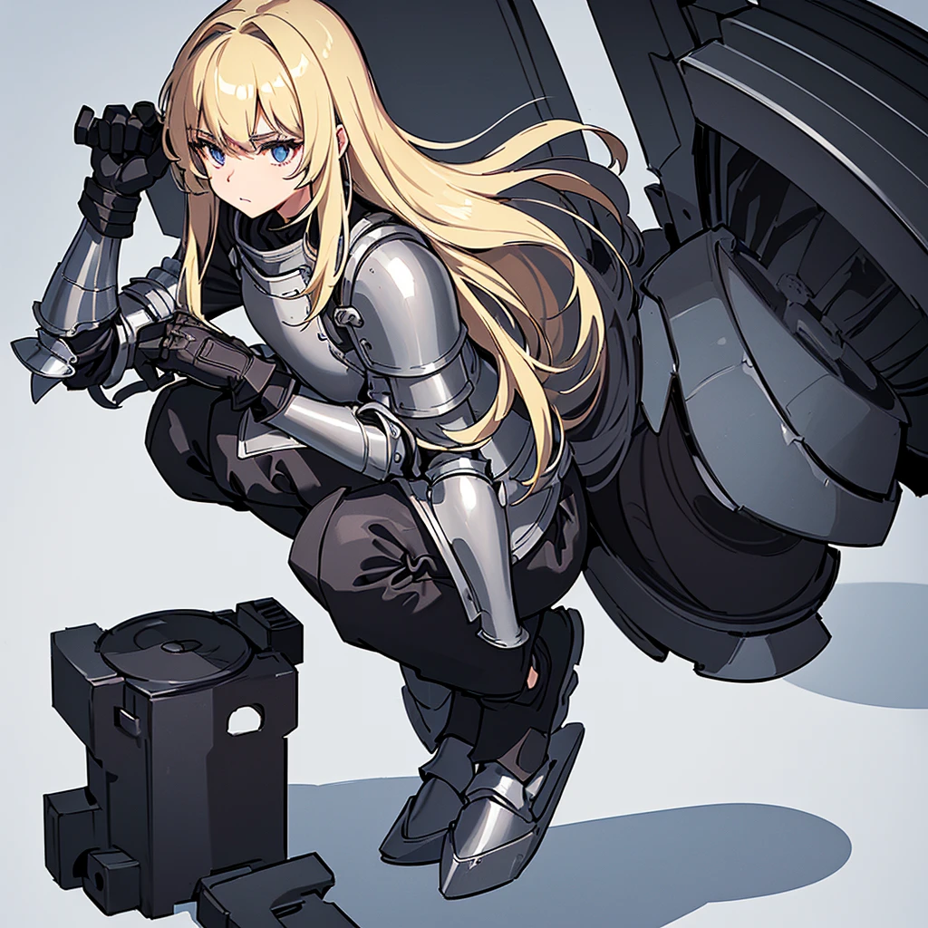 (((Solo)))、Highest quality, Best Quality、8K、Best illustrations、(Full body character concept、detailed)、(((Gray simple armor、Black trousers、Black gloves))、(woman、18-year-old)、(Blonde、Long Hair)、Dramatic Angle、(White background)、(squat)、Feed the cat