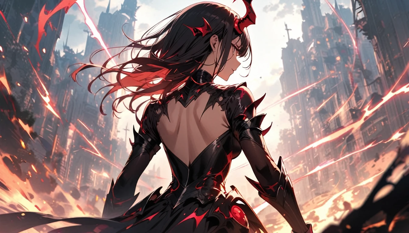 absurdres, highres,
BREAK
Demon King and Exterminating Female Brave Party, back view, fantasy, magical effect