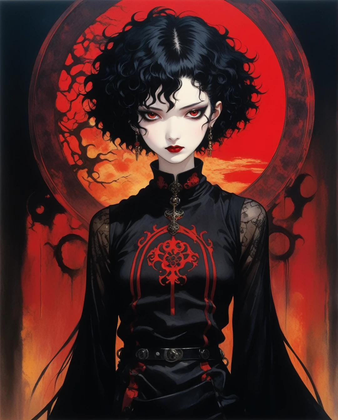 amano yoshitaka, a full-body, high-resolution anime style of a rebellious teenage female goth with short curly black hair, thin face, intense red lips, gothic fashion, inspired by the works of Yoshiaki Kawajiri, vibrant and edgy, with dramatic lighting and dynamic composition