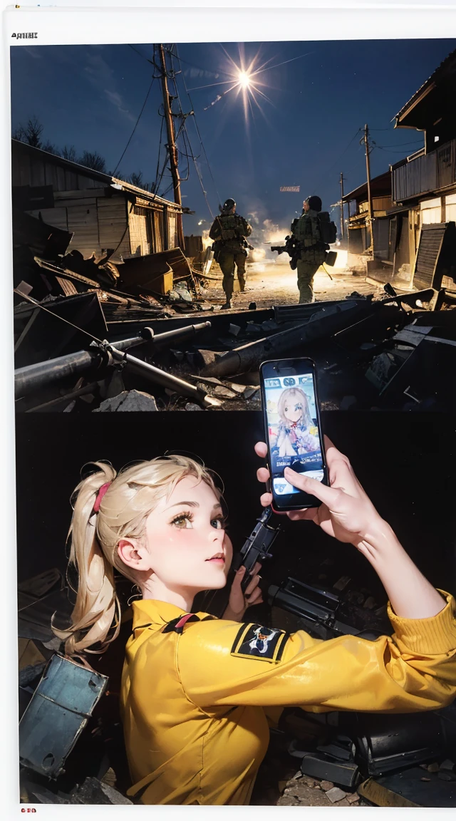 {{Masterpiece, top quality, highly detailed CG, 16K, movie lighting, lens flare}}, (1 girl soldier aiming at a huge military robot with Lahti L-39 anti-tank gun), (wide view), thick body, Photorealism: 1.4, long blond hair, green eyes, have multiple weapons, aim, (Lahti L-39 anti-tank gun), direct light, F/1.8, night footage, shot at 35mm depth of field on the rubble ((Shinjuku at night (5 fully equipped special forces SWAT protect women)), (sniping with anti-tank rifles), (from side), HDR, hyper detailed, giant robot wreckage, (wide angle lens), kneeling shot (Best Quality,4K,High resolution), Delicately expressed illustrations with realistic details,Gathering of 5 women+selfee,Looking at the camera、Point the camera up,Staring at this、Smile,Red color clothes,(Black long straight hair),Yellow clothes,( Brown bob hair)Blue color clothes,(short-haired and disheveled hair,,,,) pink color clothes,( Beautiful with a pink ponytail),white colored clothes,(Blonde twintails),5 women of idol type,stage,Lively exterior,comic strip,animesque,Comical illustration,Cute illustrations delicately drawn in detail,Looking up at the camera from above