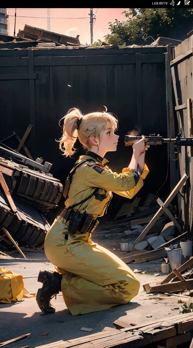 {{Masterpiece, top quality, highly detailed CG, 16K, movie lighting, lens flare}}, (1 girl soldier aiming at a huge military robot with Lahti L-39 anti-tank gun), (wide view), thick body, Photorealism: 1.4, long blond hair, green eyes, have multiple weapons, aim, (Lahti L-39 anti-tank gun), direct light, F/1.8, night footage, shot at 35mm depth of field on the rubble ((Shinjuku at night (5 fully equipped special forces SWAT protect women)), (sniping with anti-tank rifles), (from side), HDR, hyper detailed, giant robot wreckage, (wide angle lens), kneeling shot　(Best Quality,4K,High resolution), Delicately expressed illustrations with realistic details，Gathering of 5 women＋selfee，Looking at the camera、Point the camera up，Staring at this、Smile，Red color clothes，（Black long straight hair），Yellow clothes，（ Brown bob hair）Blue color clothes，（short-haired and disheveled hair,,,,） pink color clothes，（ Beautiful with a pink ponytail），white colored clothes，（Blonde twintails），5 women of idol type，stage，Lively exterior，comic strip，animesque，Comical illustration，Cute illustrations delicately drawn in detail，Looking up at the camera from above