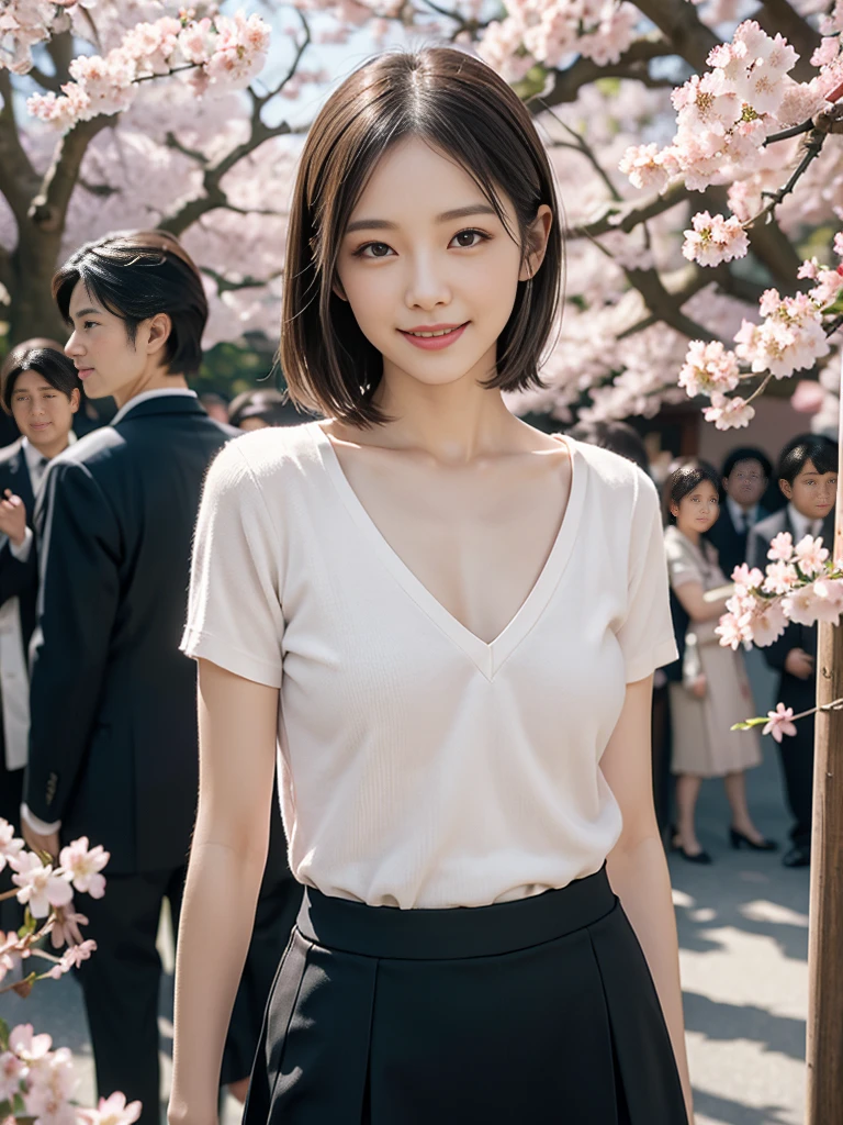 A little visible valley,skirt,One girl, Looking_in_Audience, smile, Japan, Tokyo, Cherry Blossom, Octane Rendering, 一人in, Very skinny,V-neck　business suit,A neat image,Mature Woman