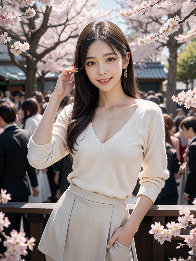 A little visible valley,skirt,One girl, Looking_in_Audience, smile, Japan, Tokyo, Cherry Blossom, Octane Rendering, 一人in, Very skinny,V-neck business suit,A neat image,Mature Woman