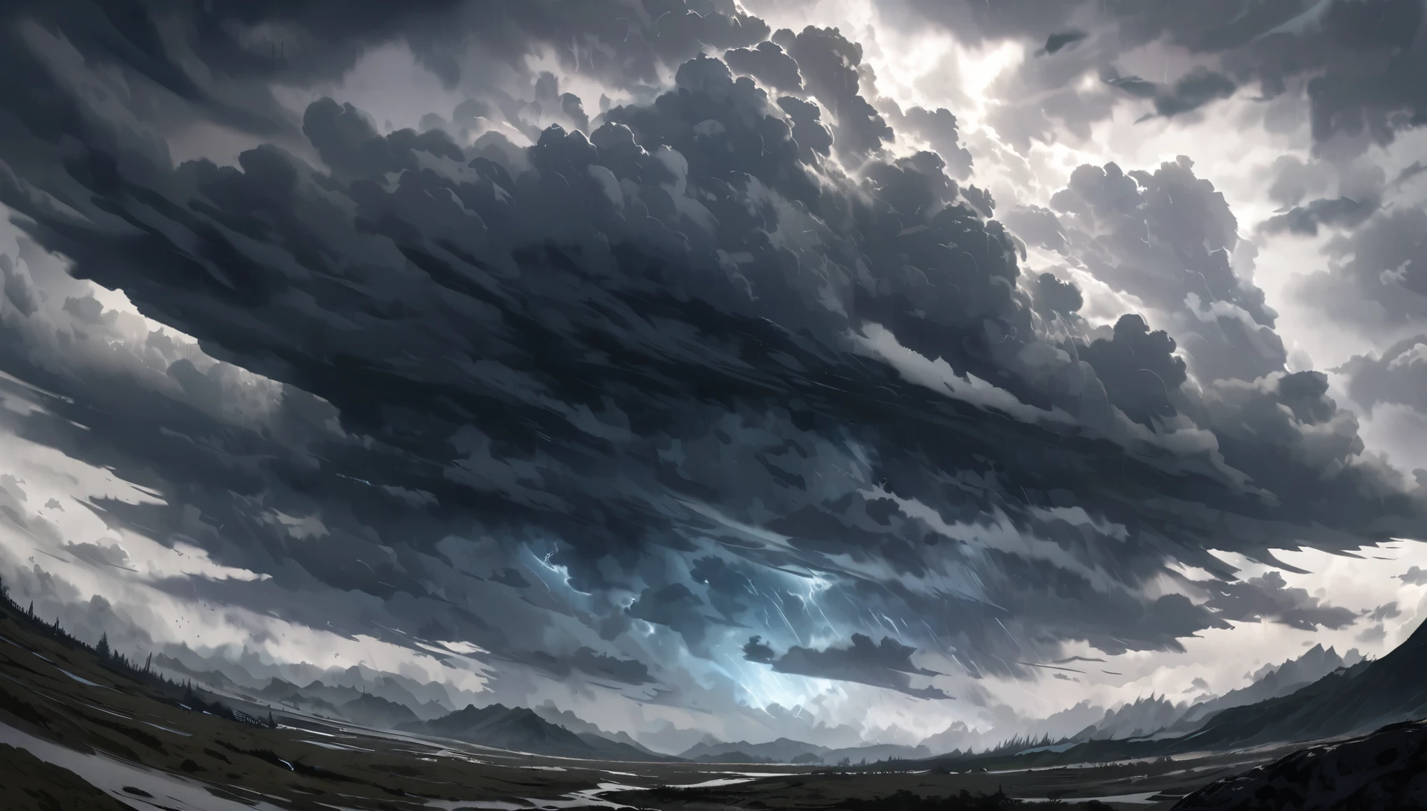 wilderness, in the huge supercell, rotating thundercloud, overcast weather, dim, before the storm, ultra detailed