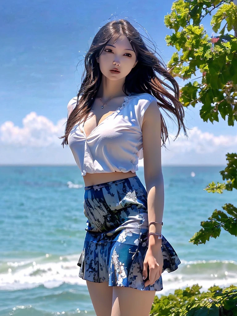 1 woman,alone,sky, ocean, short skirt, (Very detailed background:1.0), (highly detailed background:1.0),