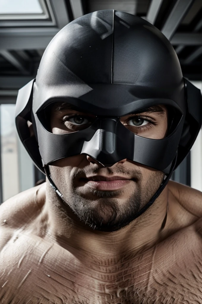 1Muscular man wearing a full face helmet,2-hole helmet,black helmet,Masked,Adult male,beefcake,Bodybuilding,Huge pectoral muscles,Thick arms,Broad shoulders,Round buttocks,naked upper body,Wear sex tongs,Brown Thong,Mature,robust,Burly,tall and straight,luscious,Sexy,Masculinity,Big,big man,Heavy,Strong,apartment,The sun shines in from the window behind