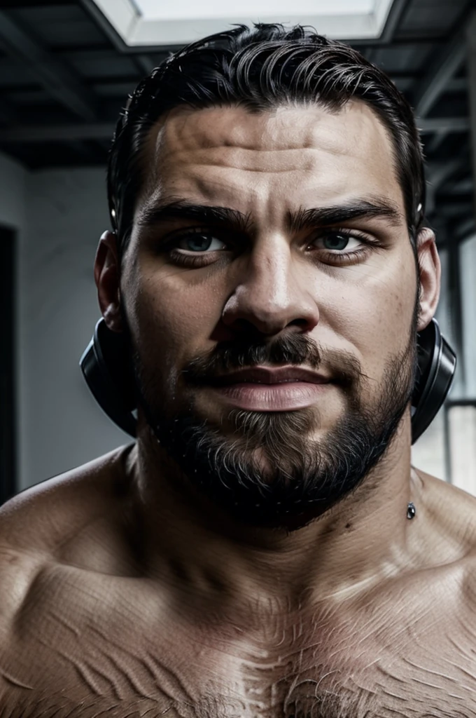 1Muscular man wearing a full face helmet,2-hole helmet,black helmet,Masked,Adult male,beefcake,Bodybuilding,Huge pectoral muscles,Thick arms,Broad shoulders,Round buttocks,naked upper body,Wear sex tongs,Brown Thong,Mature,robust,Burly,tall and straight,luscious,Sexy,Masculinity,Big,big man,Heavy,Strong,apartment,The sun shines in from the window behind