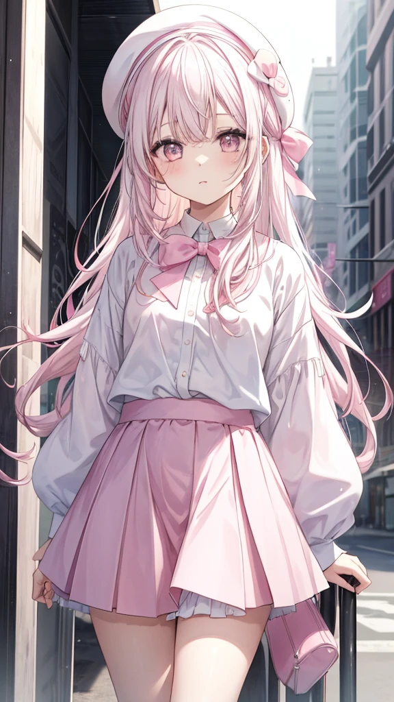 1 girl, pastel color, white straight hair, wearing white pink seifukuu, wearing pink skirt, long white socks, cool pose, perfect lighting, wearing pink  headband, wearing pink beret with white pink ribbon on it. Cowboy shot.