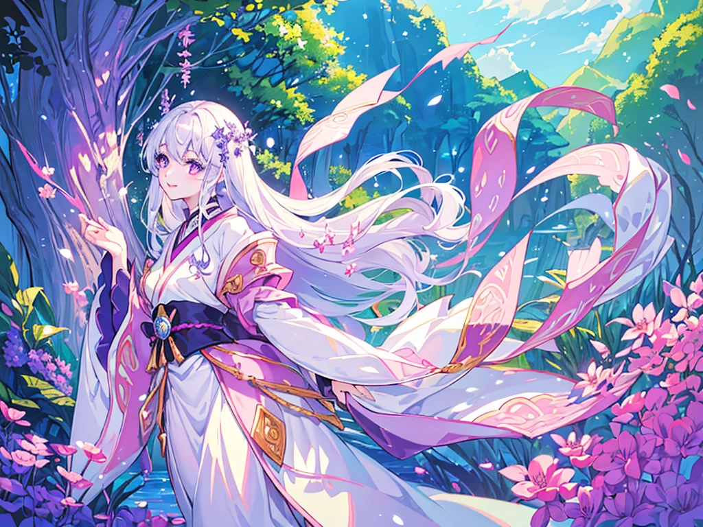 (Highest quality、masterpiece、Super fine、Super fine、Exquisite、16k、Full HD) 、mysterious、Fantasy、Fantasy World、adventure、village、Soft sunlight、Clear skies、smile、(Full of energy)(Purple Eyes、Long eyelashes、White skin、slim、Pale pink lips、Pale pink cheeks、thin and long)、(Thin and high nose、Small Nose)、kimono