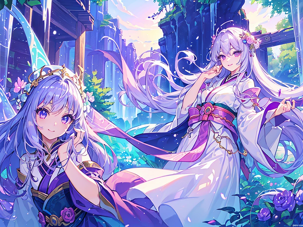 (Highest quality、masterpiece、Super fine、Super fine、Exquisite、16k、Full HD) 、mysterious、Fantasy、Fantasy World、adventure、village、Soft sunlight、Clear skies、smile、(Full of energy)(Purple Eyes、Long eyelashes、White skin、slim、Pale pink lips、Pale pink cheeks、thin and long)、(Thin and high nose、Small Nose)、kimono