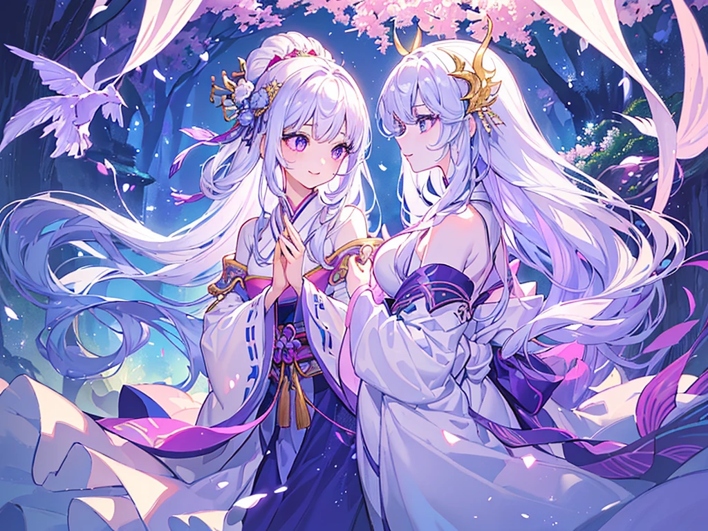 (Highest quality、masterpiece、Super fine、Super fine、Exquisite、16k、Full HD) 、mysterious、Fantasy、Fantasy World、adventure、village、Soft sunlight、Clear skies、smile、(Full of energy)(Purple Eyes、Long eyelashes、White skin、slim、Pale pink lips、Pale pink cheeks、thin and long)、(Thin and high nose、Small Nose)、kimono
