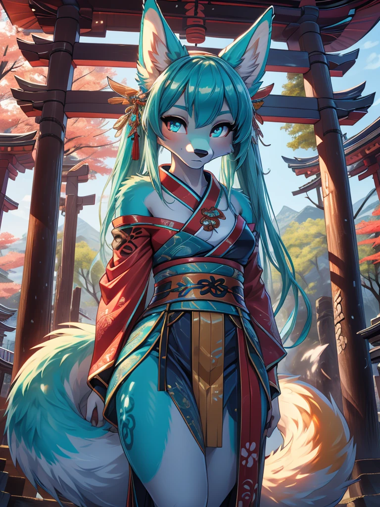 Miku Hatsune, high definition add_detail:1, blue fur,kitsune ears, tribal tattoo add_detail:1, pretty girl add_detail:1, feudal priestess clothing add_detail:1, japanese shrine landscape add_detail:1, japanese shrine costume add_detail:1, bare left leg add_detail:1