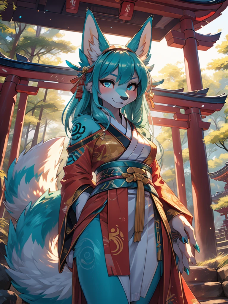 Miku Hatsune, high definition add_detail:1, blue fur,kitsune ears, tribal tattoo add_detail:1, pretty girl add_detail:1, feudal priestess clothing add_detail:1, japanese shrine landscape add_detail:1, japanese shrine costume add_detail:1, bare left leg add_detail:1