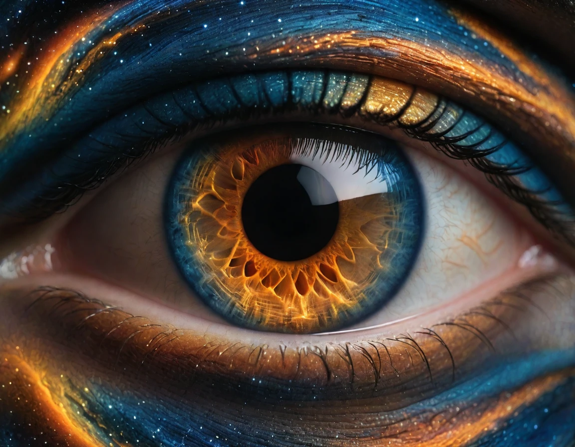 The image portrays a highly detailed and artistic human eye superimposed on a cosmic background. The textured iris blends shades of blue and brown, surrounded by an orange glow reminiscent of solar flares. The deep black pupil draws in surrounding light, suggesting interconnectedness between humans and the universe.