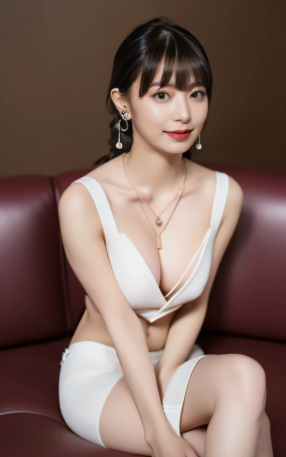 (Wearing the uniform of the women's rhythmic gymnastics team,She loves sports:2.0),
(Very good, The shape of the nipples is visible,Beautiful thighs, Ultra-detailed skin,Small pores in the skin:1.5),
((She is sitting on the sofa with her legs stretched out, She leans forward and presses her breasts against, She is writhing with pleasure, Her body is incredibly beautiful and stylish, Her face is so cute when she feels it :1.3)),
((22 years old, Beautiful college girl, Sexy body, I'm looking forward to:1.4)),
((Small breasts, Flat Chest:1.2)),
((Luxury cabaret club in Ginza, Box seats, Complete darkness:1.4)),
Eye focus, Narrow shoulders, Beautiful clavicle, length, Thin arms, Thin legs, The back of the hand is beautiful and feminine, Slim figure, Soft belly, Tight waist, Highly detailed face, super detailed breasts, Ultra-detailed skin, Fair skin, Shiny skin, Ultra-detailed lips, Fuller lips, Glossy pink lips, Blushed, White teeth, Beautiful actress makeup, Annuit Makeup, Pink lipstick, Dark brown hair, Delicate and soft hair, (Put your hair up, Fluffy short bob, ponytail:1.2), (Sweep your bangs to the side:1.2), (Stylish earrings,necklace:1.2),