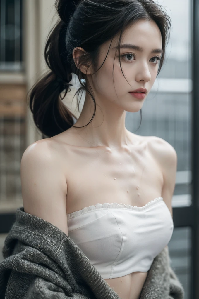 (((best quality))),(((ultra detailed))),(((masterpiece))),illustration,1girl, young,solo, slim,thin,short ponytail,small breasts,flat chest,(strapless white bra:1.3),rainy night, heavy rain, drenched, melancholy expression, solitude, tear rolling down cheek, wet hair, empty streets, dimly lit, deserted environment, sound of rain, footsteps, symbol of hope, abandoned, resilience, determination, walking in rain, heartbreak, loss, love fading, loneliness, body language, facial expression, dreary atmosphere, rain-soaked streets, somber mood, viewer engagement,((close-up of face,from front)),urban scape,night scene,outdoor
