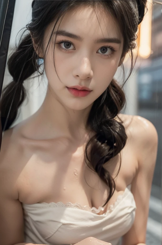 (((best quality))),(((ultra detailed))),(((masterpiece))),illustration,1girl, young,solo, slim,thin,short ponytail,small breasts,flat chest,(strapless white bra:1.3),rainy night, heavy rain, drenched, melancholy expression, solitude, tear rolling down cheek, wet hair, empty streets, dimly lit, deserted environment, sound of rain, footsteps, symbol of hope, abandoned, resilience, determination, walking in rain, heartbreak, loss, love fading, loneliness, body language, facial expression, dreary atmosphere, rain-soaked streets, somber mood, viewer engagement,((close-up of face,from front)),urban scape,night scene,outdoor