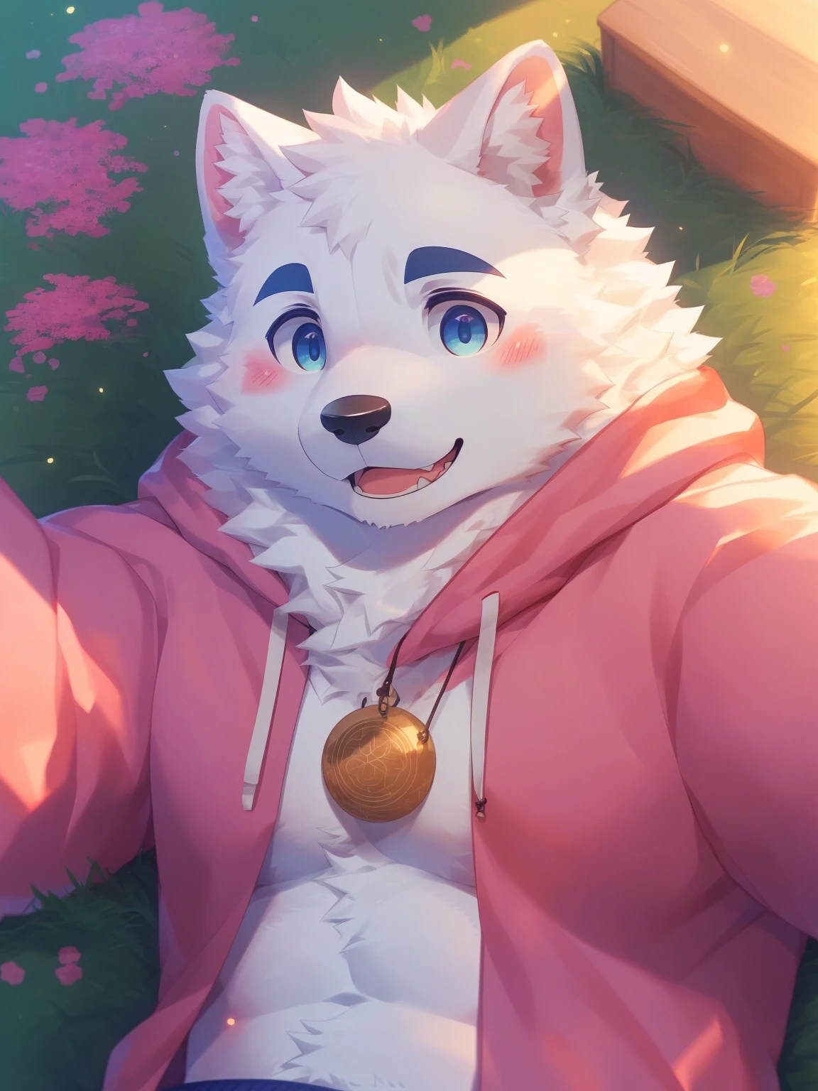 (Imagine:1.5), solitary, anthropology, hairy, hairy male, Samoyed, ((Fluffy fur, Fluffy, hairy body)), (Samoyed print), (thick eyebrows), youth, muscular, The skin is white and big, Blue-gray pupils, Detailed teeth, , sideways, 害羞expression, 淡淡的Smile, blush, (動態posture:1.5), clear facial features, strong, majestic, solitary, panoramic, Fog atmosphere, early morning, Tyndall light effect, (author:ghost of emptiness, From Samoyed20, masterpiece, high quality, High resolution,8K)Animal species**:Samoyed- **expression**:Smile,blush - **decorate**:Blue and pink wreath - **posture**:(lying down:1.2),Hand reaching for the camera - **Scenes**:green grassland - **detail**:There are flowers of various colors on the grassland - **visual angle**:俯視 - Samoyed(lying on the grass:),從俯visual angle度看過去。 - Samoyed的頭部微微傾斜,臉上帶著Smile,There is a slight blush on the cheeks。 - One hand reaches towards the camera,Seems to be greeting the audience。 - Wearing a wreath of blue and pink flowers on her head。 - There are flowers of various colors on the grass,background soft tones,Bright colors。(Pink sweatshirt:)Male Male Male Male (Looking down from a distance:1.2) (night:1 .2) (firefly:1.2) Male Male