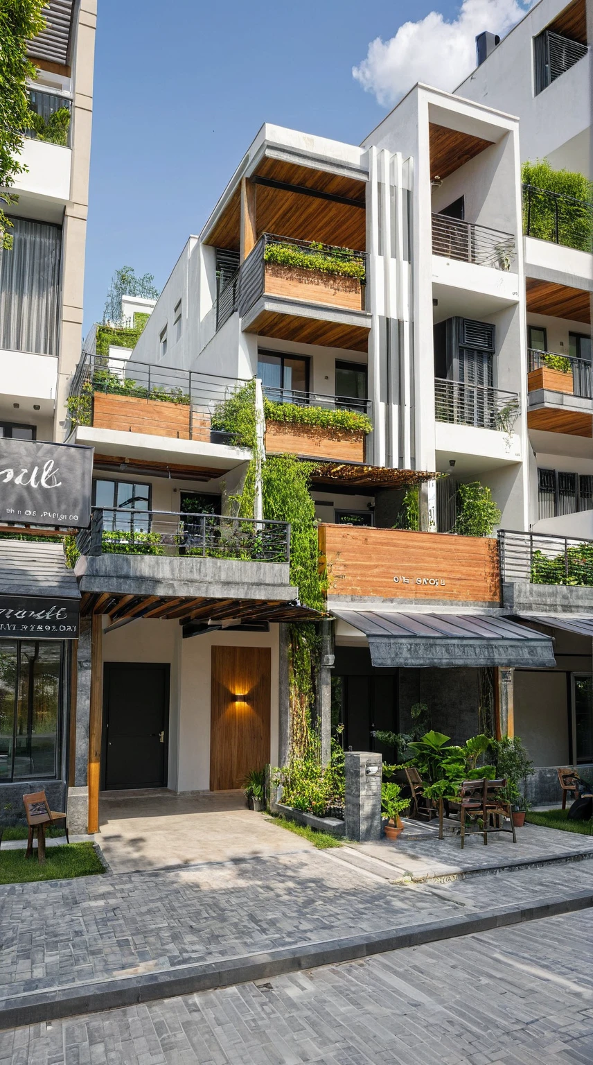 Masterpiece, high quality, best quality, authentic, super detail, outdoors, onestoreyvillaXL, aiaigroup, house style modern on the street ,stairs, white wall ,road,pavement, grass, trees, sky, cloud, (daylight:1.1)