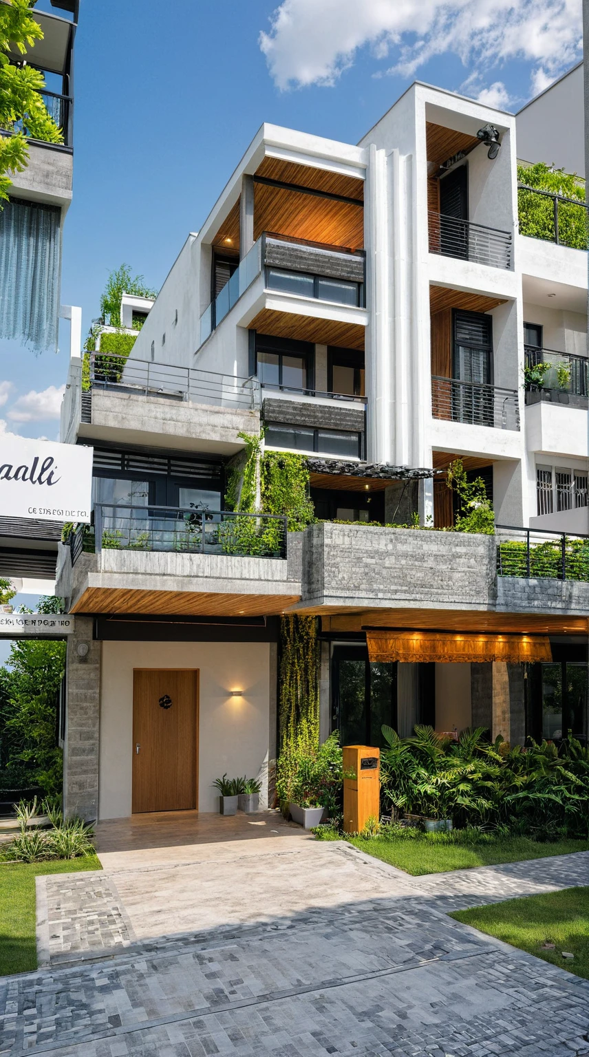 Masterpiece, high quality, best quality, authentic, super detail, outdoors, onestoreyvillaXL, aiaigroup, house style modern on the street ,stairs, white wall ,road,pavement, grass, trees, sky, cloud, (daylight:1.1)
