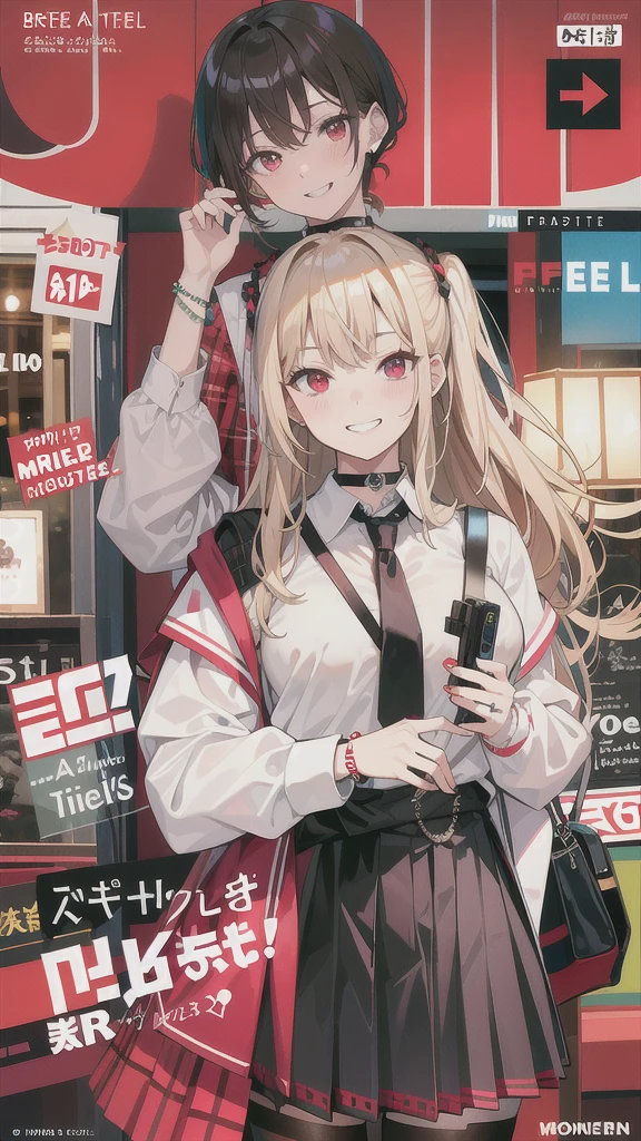 masterpiece, best quality, full body,
1girl, bangs, black choker, black necktie, blonde hair, blue skirt, blush, bracelet, breasts, choker, clothes around waist, collarbone, collared shirt, cowboy shot, dress shirt, ear piercing, eyebrows visible through hair, gradient hair, grin, gyaru, jewelry, kogal, long hair, looking at viewer, loose necktie, necktie, piercing, plaid, plaid skirt, pleated skirt, red eyes, ring, , shirt, skirt, smile, solo, white shirt,
street, sky, cherry blossoms, petals,illustration, (magazine:1.3), (cover-style:1.3), fashionable, woman, vibrant, outfit, posing, front, colorful, dynamic, background, elements, confident, expression, holding, statement, accessory, majestic, coiled, around, touch, scene, text, cover, bold, attention-grabbing, title, stylish, font, catchy, headline, larger, striking, modern, trendy, focus, fashion,