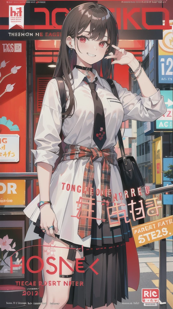 masterpiece, best quality,  full body,
1girl, bangs, black choker, black necktie, blonde hair, blue skirt, blush, bracelet, breasts, choker, clothes around waist, collarbone, collared shirt, cowboy shot, dress shirt, ear piercing, eyebrows visible through hair, gradient hair, grin, gyaru, jewelry, kogal, long hair, looking at viewer, loose necktie, necktie, piercing, plaid, plaid skirt, pleated skirt, red eyes, ring, , shirt, skirt, smile, solo, white shirt,
street, sky, cherry blossoms, petals,illustration, (magazine:1.3), (cover-style:1.3), fashionable, woman, vibrant, outfit, posing, front, colorful, dynamic, background,  elements, confident, expression, holding, statement, accessory, majestic, coiled, around, touch, scene, text, cover, bold, attention-grabbing, title, stylish, font, catchy, headline, larger, striking, modern, trendy, focus, fashion,