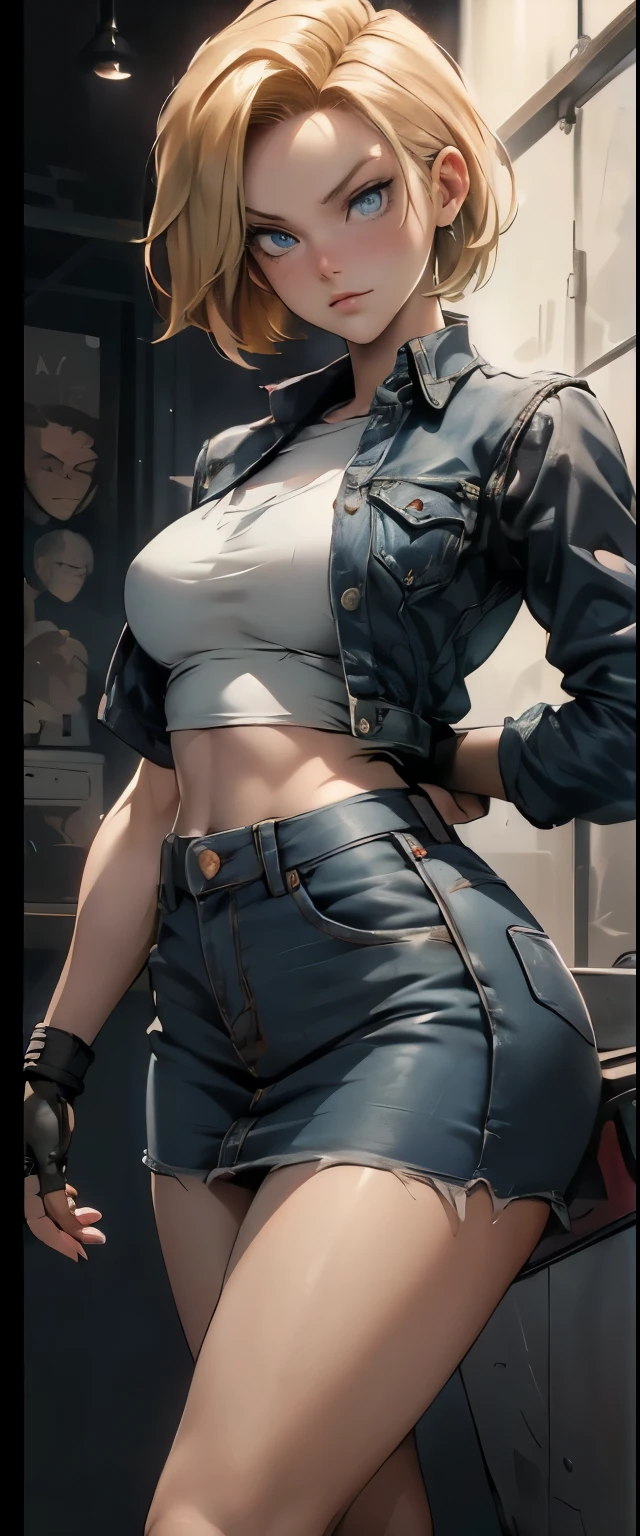 ((work of art, highest quallity, A highest quallity de imagem, high resolution, photorrealistic, CRU photo, 8K)), Woman with short blonde hair and black top, denim mini skirt, Android 18,  アニメ, (She's wearing a short skirt, A long-sleeved shirt, and a thin denim vest), (Very detailed figure), saiyan girl, beautiful portrait of Android 18, pose casual, badass pose, skin detailed, blue colored eyes, visible thighs, in dynamic pose, shadowy face, stand with your legs open, ((The screen says "Android 18" in big letters)),