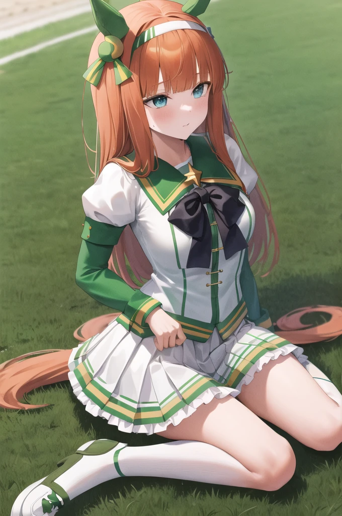 masterpiece, best quality, highres, aasuzuka, long hair, animal ears, ear covers, white hairband, horse tail, green sailor collar, black bow, white shirt, layered sleeves, green sleeves, black gloves, white skirt, black pantyhose, grass, wariza, sweat, shoes,nsfw,panty shot