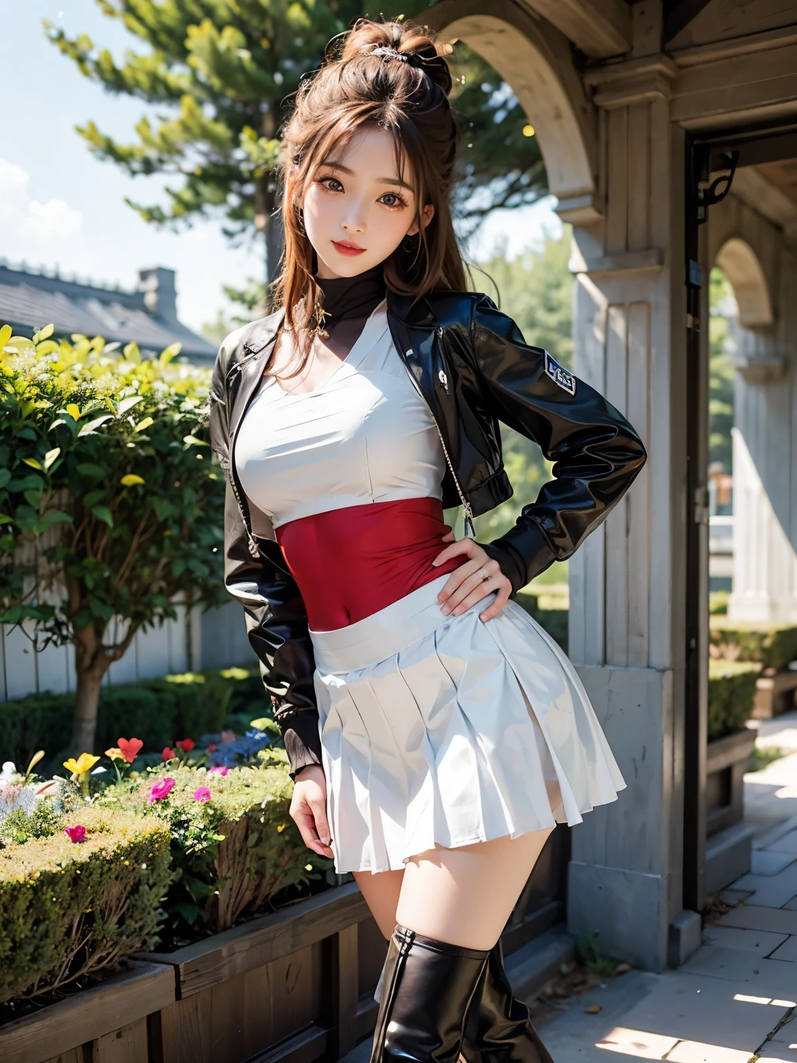 figure:Smiling cute long hair girl outfit:Over the shirt, he wears a fitted jacket that reaches down to his navel.。The skirt is a pleated skirt.。The red accent color can be seen through the pleats. She is wearing long white boots.:Sunshine、English garden pose:Facing diagonally, one leg raised。One hand is on her hip。The other hand is stretched out in front