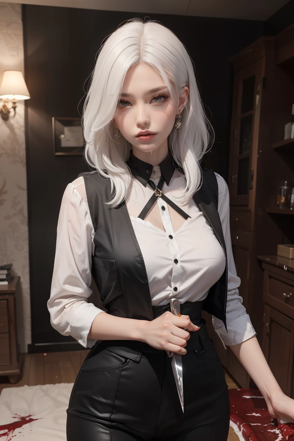 Woman, knife, blood splashed, blood splashing, white hair style, dress SWAT vests, beauty face, jewelry, room swat, elegant assassin pose, ?????? male