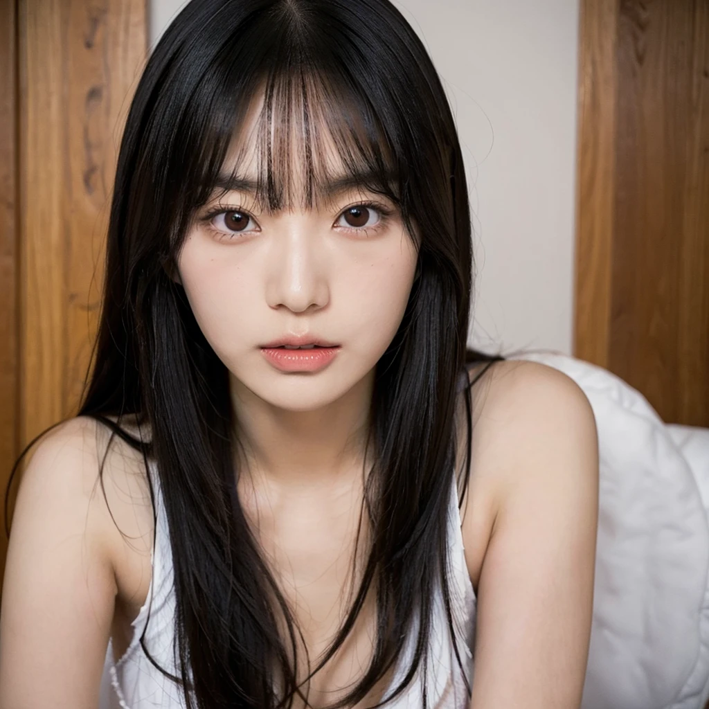 solo, Japanese woman, H cup, cool, erotic, model's expression, porn star, Long straight black hair with bangs that reach her eyebrows, large round eyes with double eyelids, small straight nose, well-shaped small lips, smooth fair skin, soft round face, universally appealing and attractive,