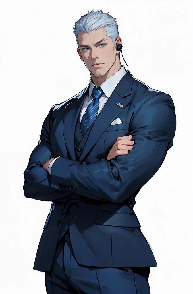 Drawing of a young Chad, Dark blue suit,hong'se'r tie, White shirt,Pants,入耳式earphone,earphone, Looking at the camera, male,Silver short hair,Blue Eyes,muscle,bodyguard,Light and Shadow,(Luminescence:1.5)