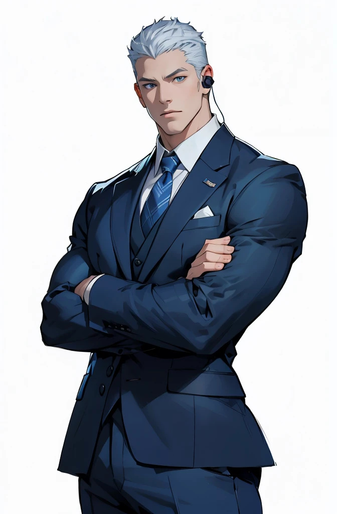 Drawing of a young Chad, Dark blue suit,hong&#39;se&#39;r tie， White shirt，Pants，入耳式earphone，earphone， Looking at the camera, male，Silver short hair，Blue Eyes，muscle，bodyguard,Light and Shadow，（Luminescence：1.5）