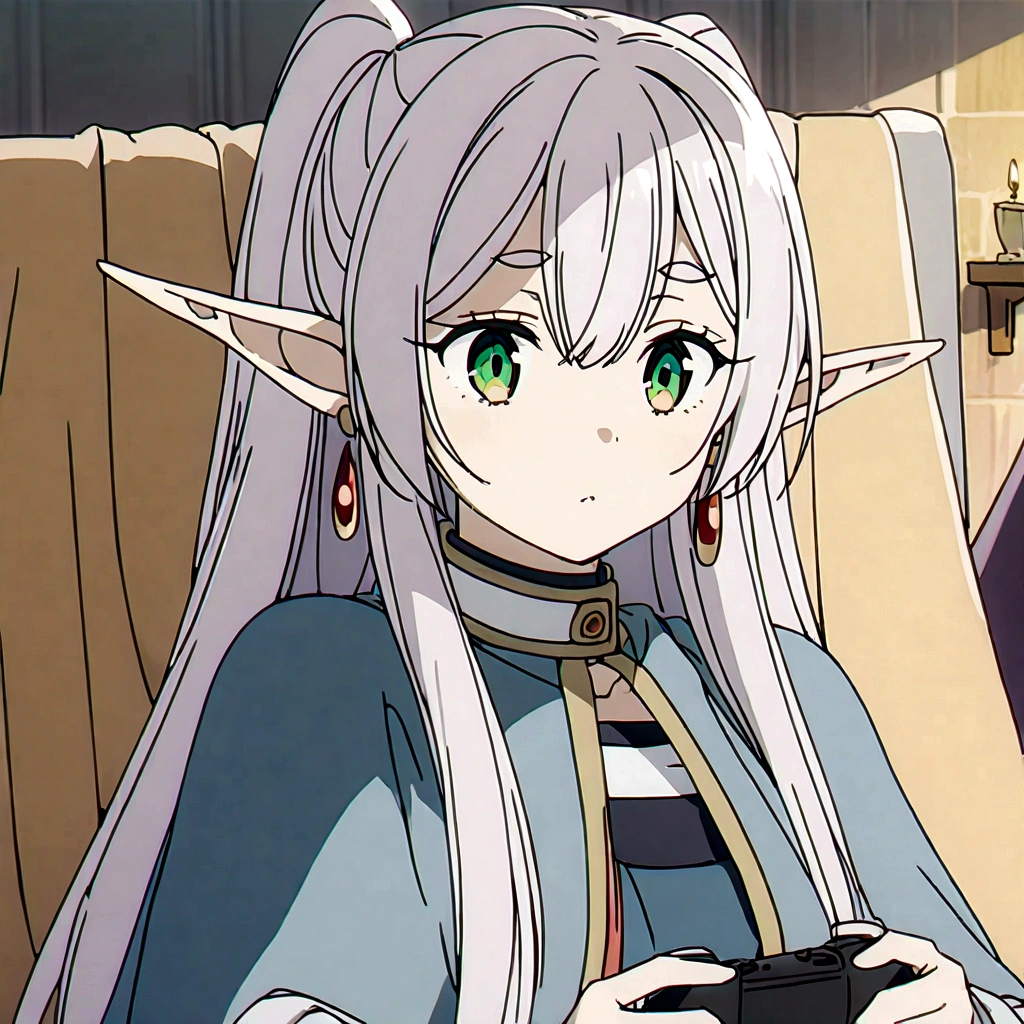 1girl, sfrieren, solo, elf, pointy ears, silver hair, white hair, green eyes, small breasts, flat chest, BREAK
robe, black pantyhose, brown boots, belt, capelet, upper body, sitting, BREAK
holding a videogame controller, holding, sit, sitting on a puff, puff, BREAK
score_9, score_8_up, score_7_up, score_6_up, anime,
(high quality, detailed, beautiful), shiny, detailed beautiful eyes, outstanding, countershading, detailed soft lighting