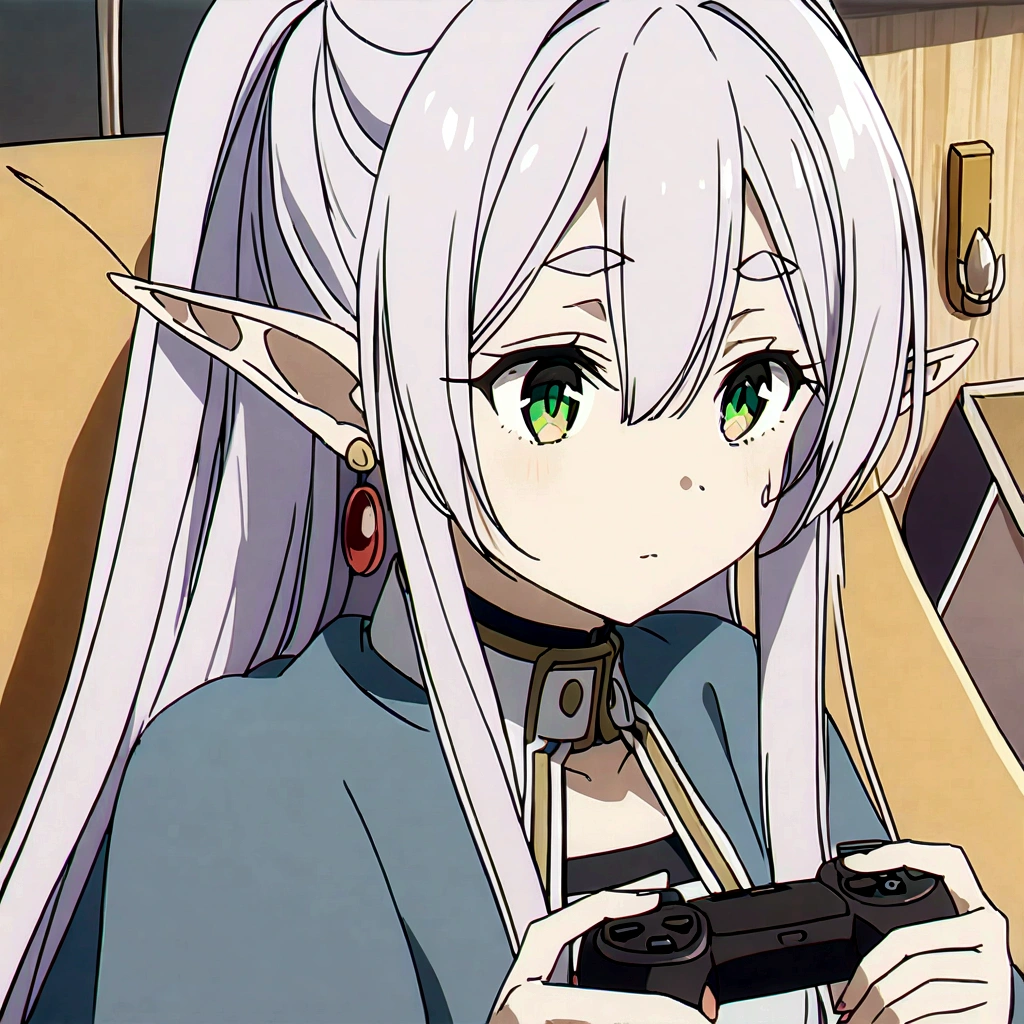 1girl, sfrieren, solo, elf, pointy ears, silver hair, white hair, green eyes, small , flat chest, BREAK
robe, black pantyhorown boots, belt, capelet, upper body, sitting, BREAK
holding a videogame controller, holding, sit, sitting on a puff, puff, K
scor score_8_up, score_7_up, score_6_up, anime,
(high quality, detailed, beautiful), shiny, detailed beautiful eyes, outstanding, countershading, detailed soft lighting