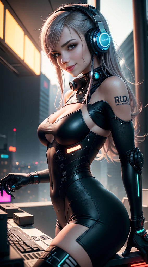 Long range shots,wide plan,(best qualityer), (work of art), A beautiful cyberpunk woman,robotic arm,The mixer is in the body,(female DJ)Robust smile,DJ headphones, Outdoor Music Festival,Um grande público assistiu à female DJ