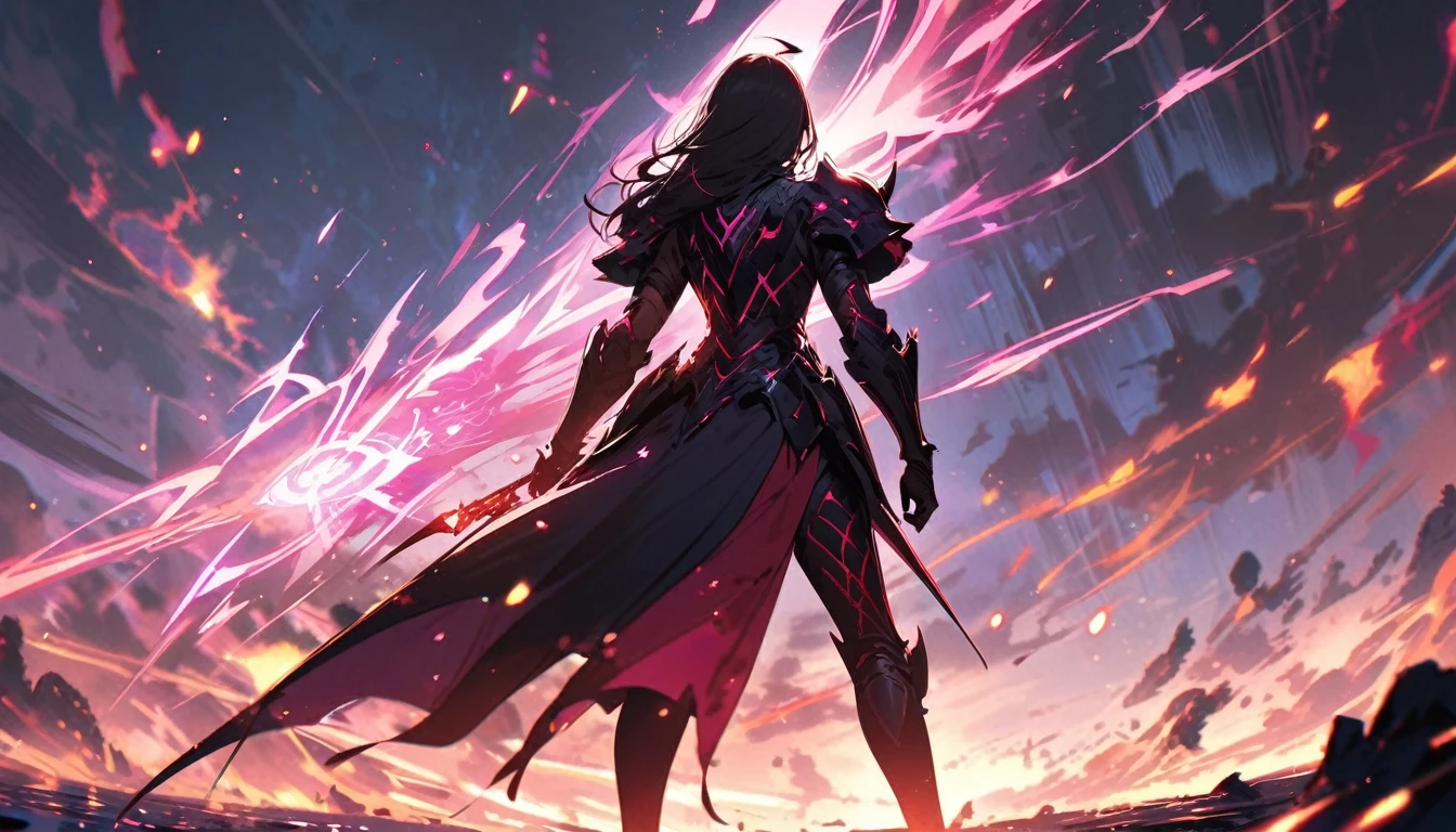 absurdres, highres,
BREAK
Demon King and Exterminating Female Brave Party, back view, fantasy, magical effect
