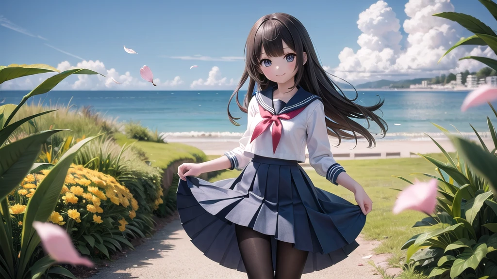 (masterpiece),  town,  blue sky,  One Girl, Place the person on the right,  smile,  alone,  Sailor suit、Long skirt,  Overgrown,  petal,  plant、Skirt lining、Translucent slip、nostalgic、Black Pantyhose、I can see the ocean in the distance, Crotch close-up