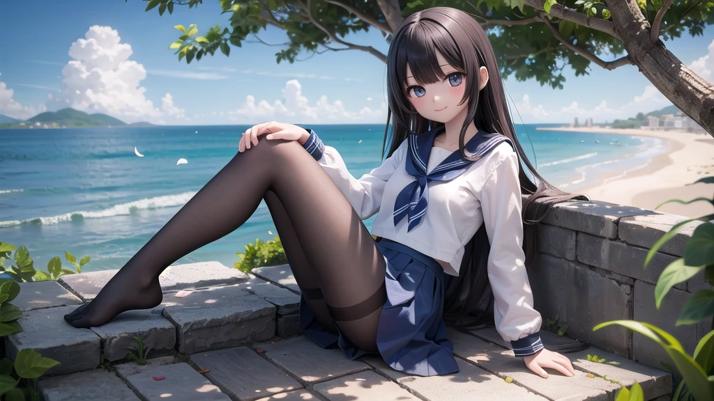 (masterpiece),  town,  blue sky,  One Girl, Place the person on the right,  smile,  alone,  Sailor suit、Long skirt,  Overgrown,  petal,  plant、Skirt lining、Translucent slip、nostalgic、Black Pantyhose、I can see the ocean in the distance, Crotch close-up