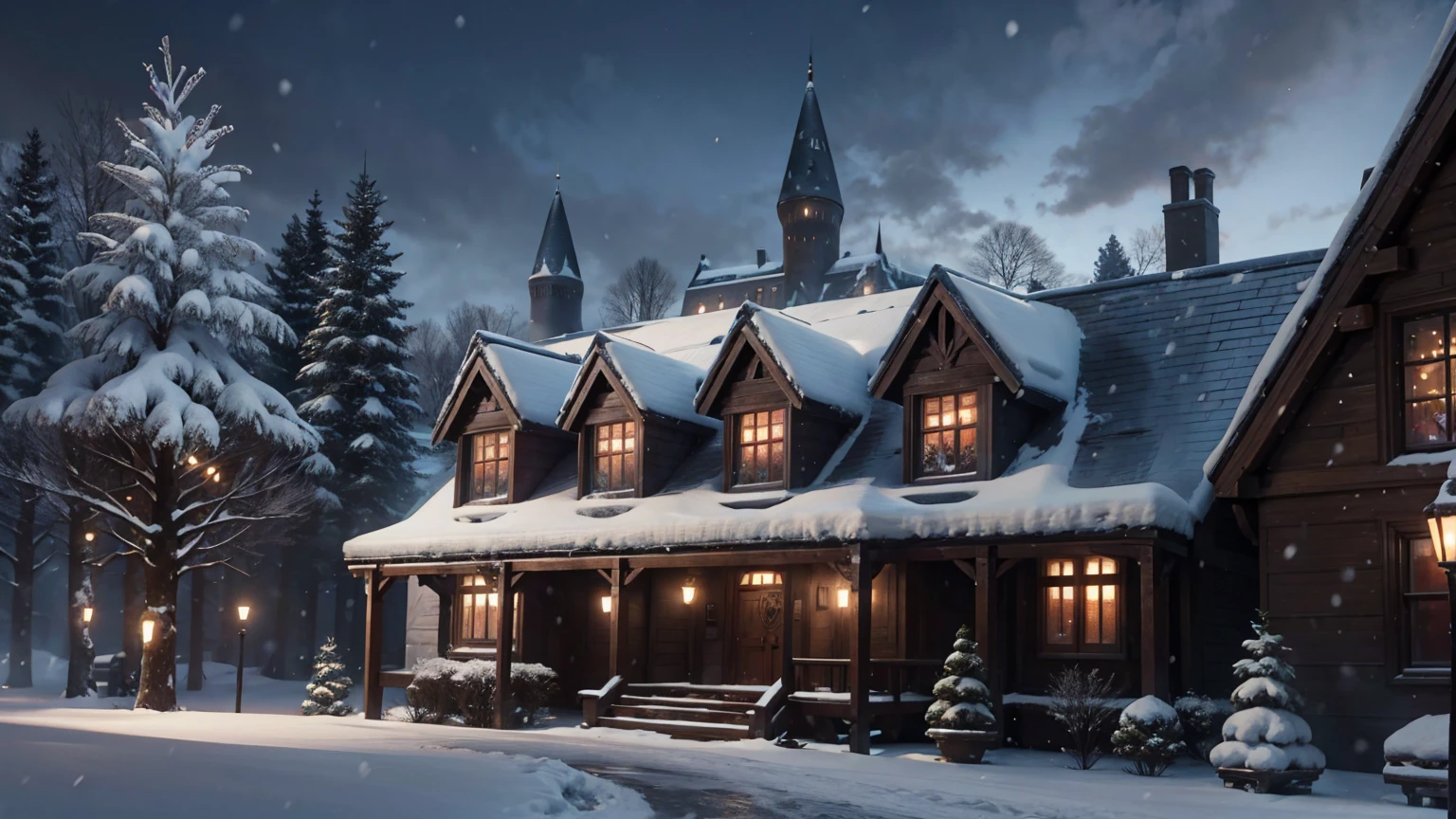 snow weather view of harry potter school, harry potter school