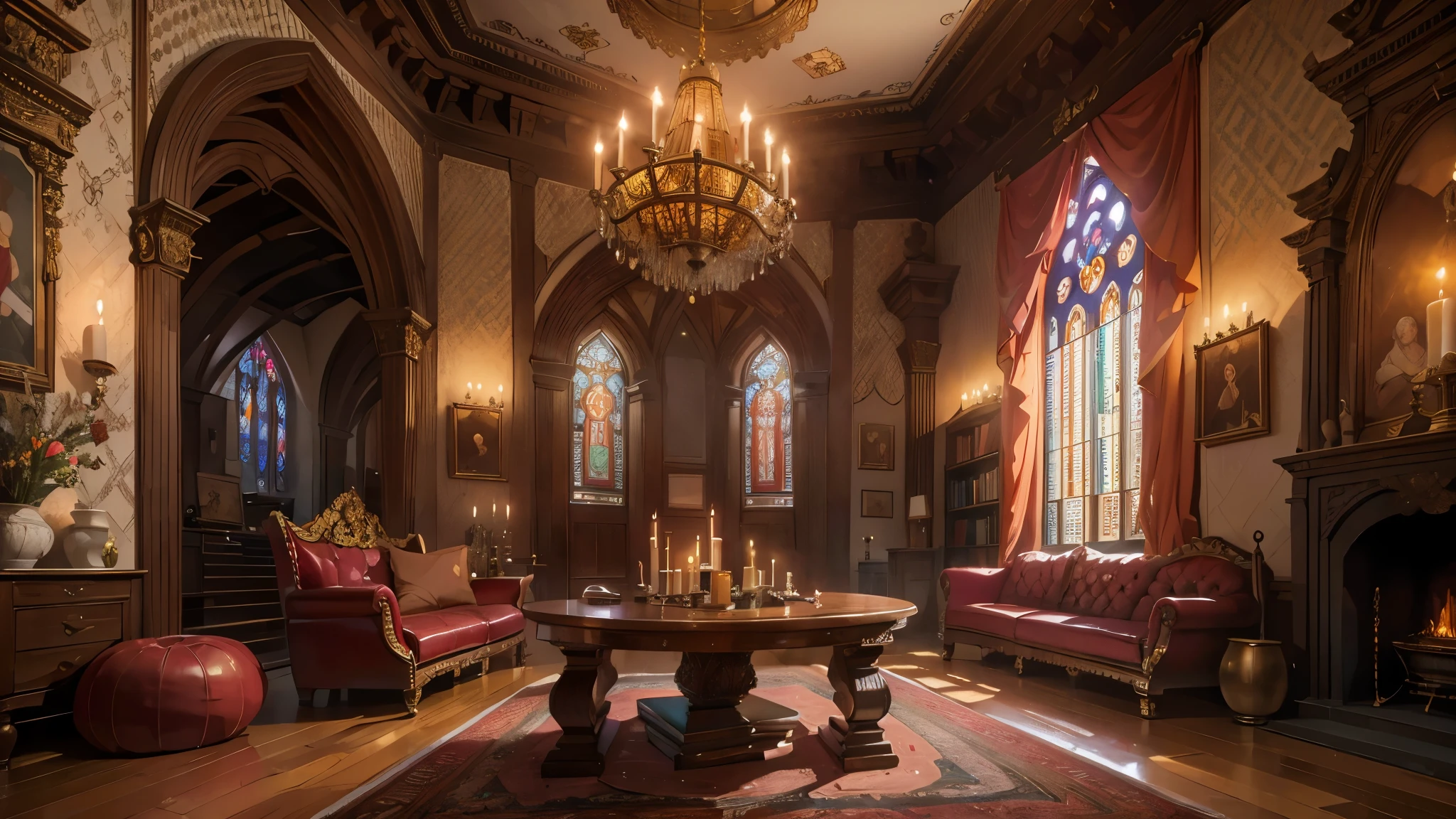 church style living room,(best quality,4K,8k,high resolution,masterpiece:1.2),Super detailed,(actual,photoactual,photo-actual:1.37),warm light,wooden floor,ornate fireplace,cathedral ceiling,Large stained glass windows,high arch,Exquisite wooden furniture,antique chandelier,elegant wall light,Detailed carvings and engravings,Soft velvet curtains,Warm colors、richly patterned rug,Historical Painting and Religious Art,Comfortable upholstered chairs,Carved wooden coffee table,Altar in the corner,Peaceful and tranquil atmosphere,religious icons and statues,Candles flicker in dim light,Bookshelf filled with leather bound books,Tranquil sacred music plays in the background,Sunlight shines through stained glass windows,peaceful atmosphere.