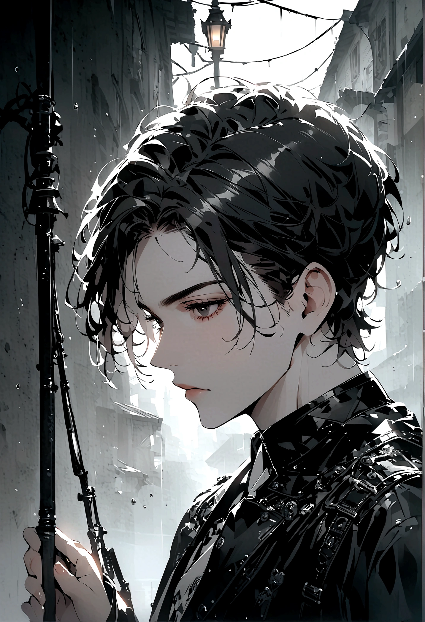 Short hairstyle for men、Black Hair、black eyes、gloomily,moonlight,Cool,rain,((Black and white style))