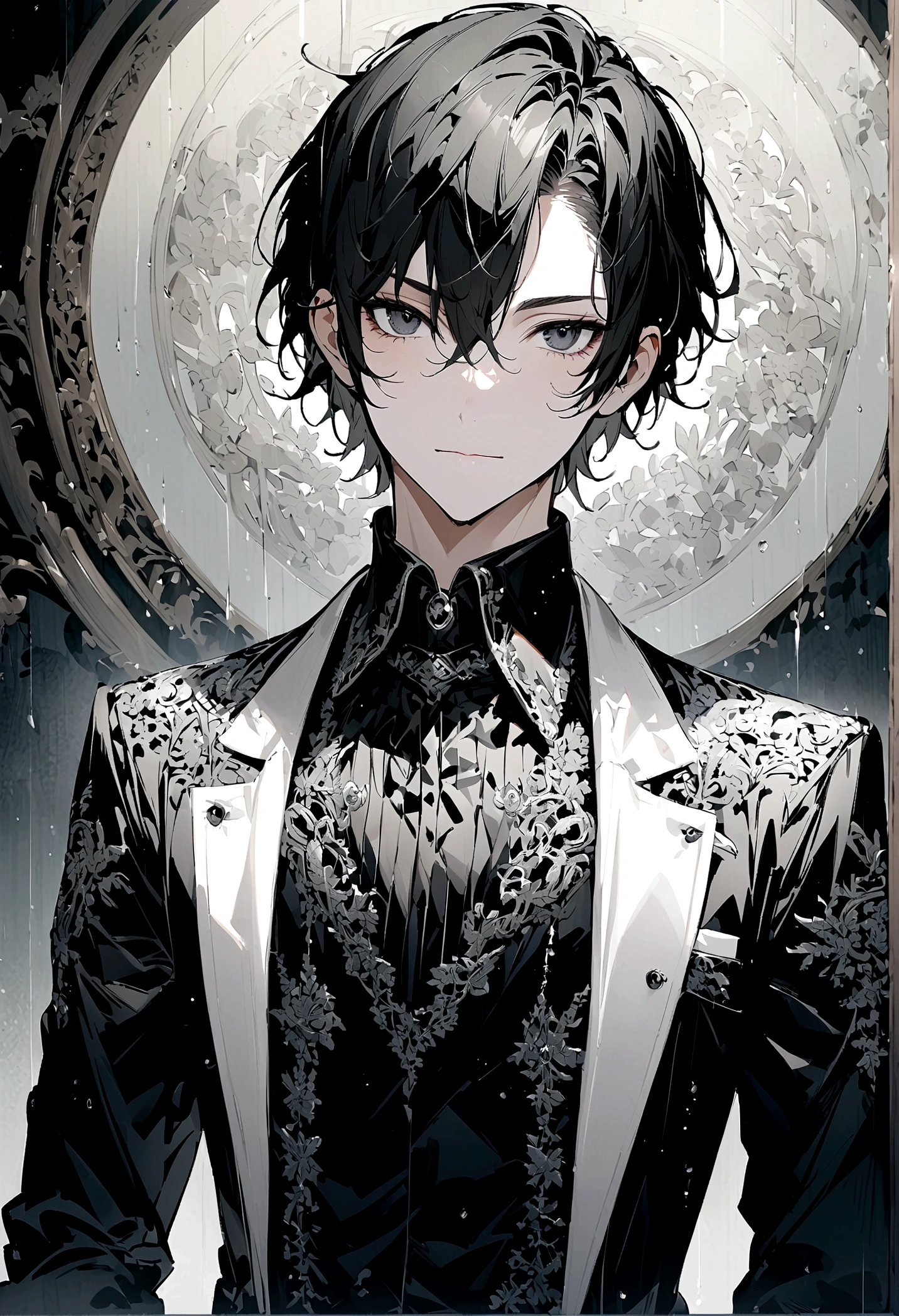 Short hairstyle for men、Black Hair、black eyes、gloomily,moonlight,Cool,rain,((Black and white style))