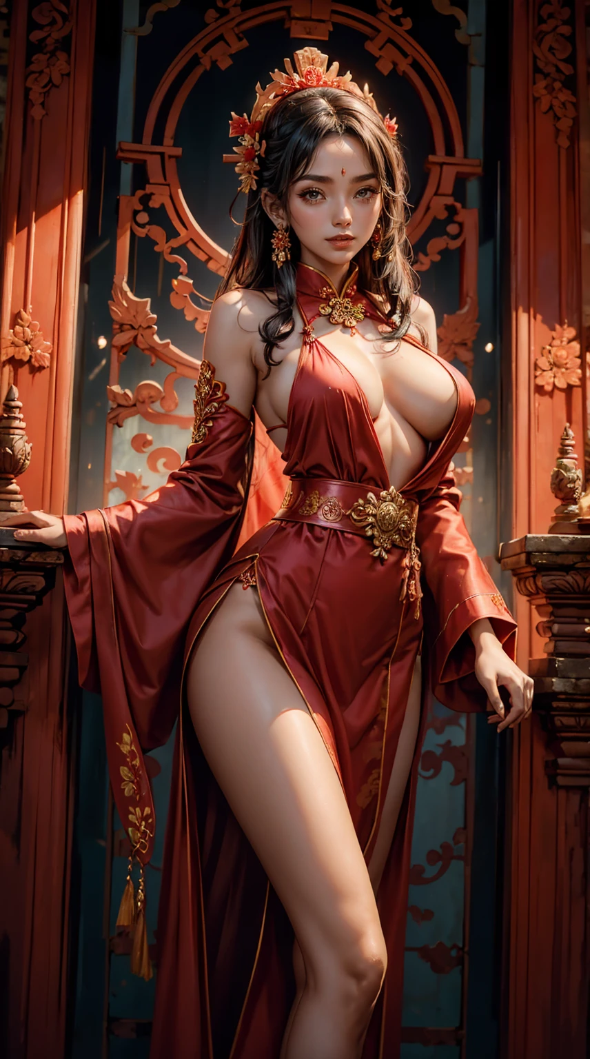 a woman in a red dress standing in front of a gate, smiley face smile on face, huge breasts, hot body curves, beautiful flowers, buxom, indian super model, photo of slim girl, photo of slim girl, 2 4 year old female model, 1 8, beautiful woman body, beautiful sexy woman photo, provocative indian, Penataran Agung Lempuyang Temple, ao dai, wearing red robes, temples behind her, bali, ancient ruins behind her, goddess of travel, perfect symmetrical image, red robes, symmetry feature, fully clothed in red robes, ancient indonesia, wearing red sorcerer's robes, wearing a red cheongsam, symmetrically centered