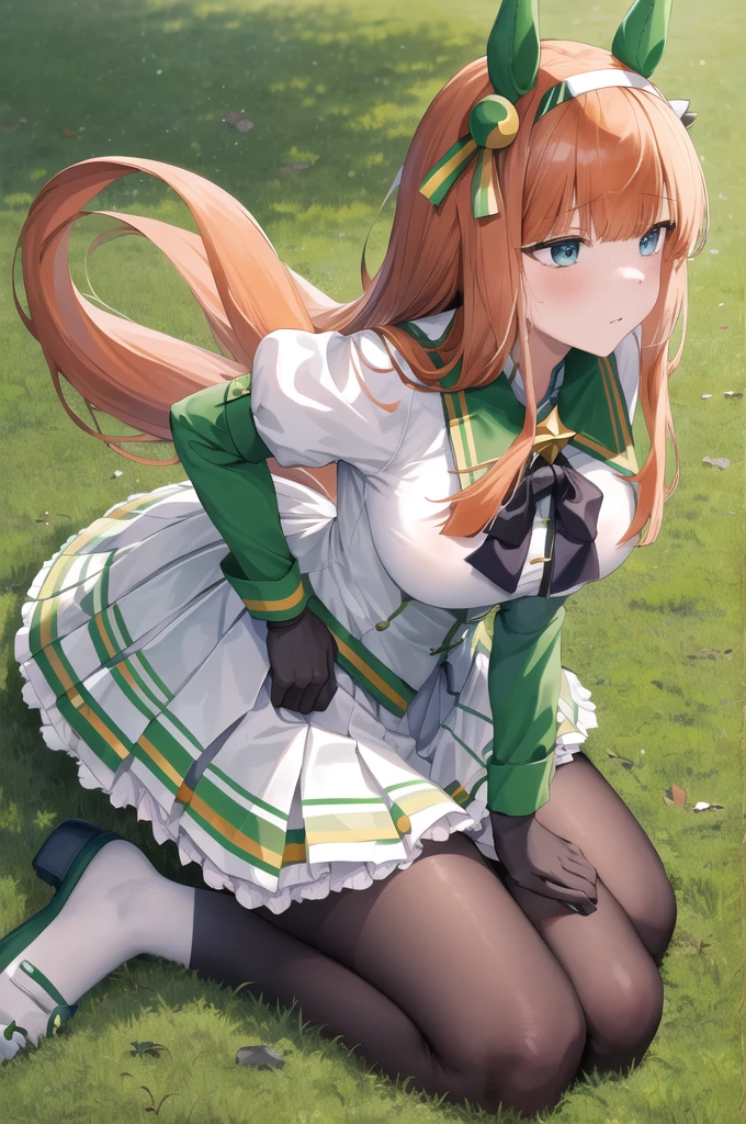 masterpiece, best quality, highres, aasuzuka, long hair, animal ears, ear covers, white hairband, horse tail, green sailor collar, black bow, white shirt, layered sleeves, green sleeves, black gloves, white skirt, black pantyhose, grass, wariza, sweat, shoes,((nsfw,panty shot))