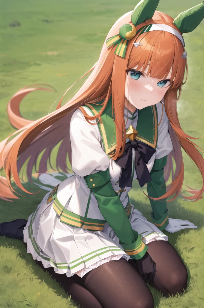 masterpiece, best quality, highres, aasuzuka, long hair, animal ears, ear covers, white hairband, horse tail, green sailor collar, black bow, white shirt, layered sleeves, green sleeves, black gloves, white skirt, black pantyhose, grass, wariza, sweat, shoes,((nsfw,panty shot))