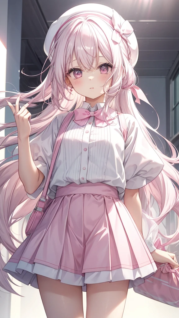 1 girl, pastel color, white straight hair, wearing white pink seifukuu, wearing pink skirt, long white socks, cool pose, perfect lighting, wearing pink bunny headband, wearing pink beret with white pink ribbon on it. Cowboy shot, happy expression.