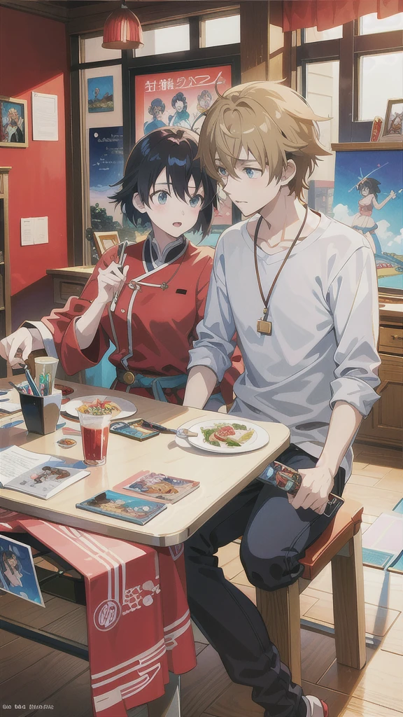 Anime image of a woman and man sitting at a table, official artwork, Official anime artwork, high detailed official artwork, official art, Official fan art, Art work at headquarters, Makoto Shinkai and Argerm, The official anime still exists., official illustration, Drawing in Anime Painter Studio, Important visual concepts of anime, The official anime studio continues., Promotional Art