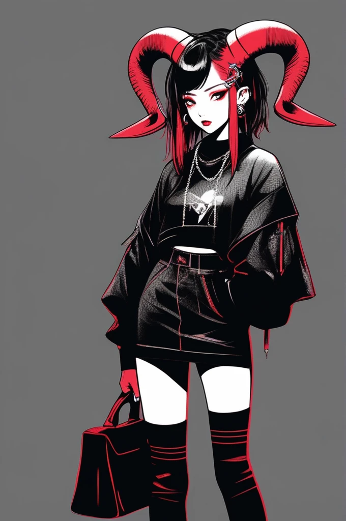 (best quality, sketch:1.2),realistic,illustrator,anime,1 girl with horns, detailed lips,custom, short skirt, black boots, black and red gradient background,neon hair,textured cropping, masterpiece, style retro classic, noir style , Japanese style, full body ((monochrome))