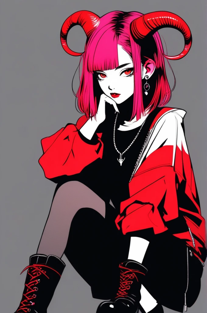 (best quality, sketch:1.2),realistic,illustrator,anime,1 girl with horns, detailed lips,custom, short skirt, black boots, black and red gradient background,neon hair,textured cropping, masterpiece, style retro classic, noir style , Japanese style, full body ((monochrome))